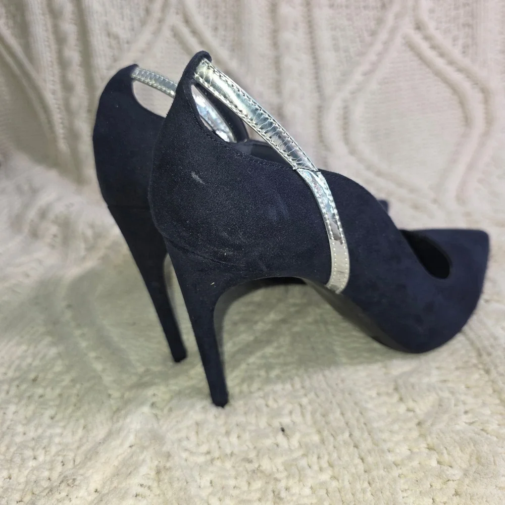 Marc Fisher Pumps Navy Suede Silver Metallic Heel Wrap Stilettos Women 7 NEW